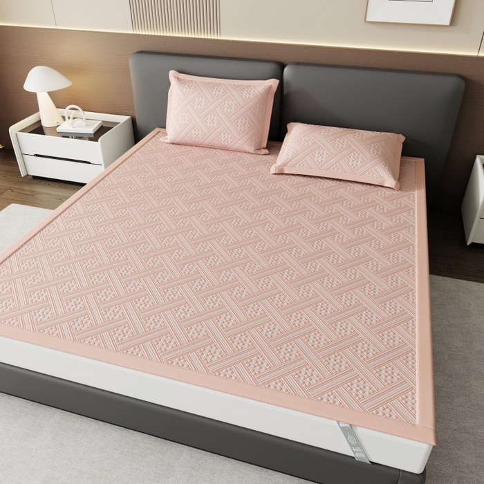 91家纺网 家纺一手货源 找家纺 宜派家纺 2026新款PE凉感冰丝席三件套-床席款 织序 -粉