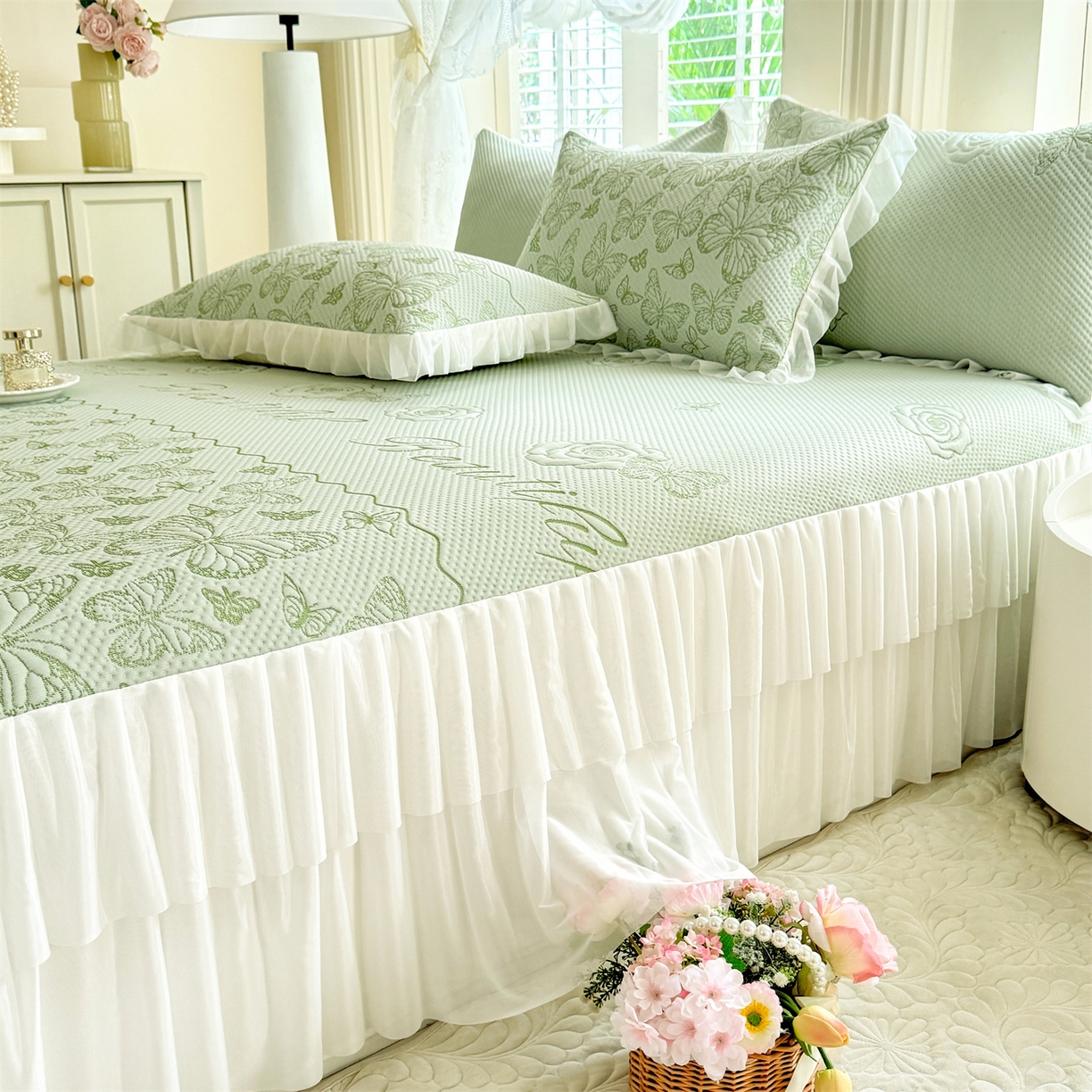 91家纺网 家纺一手货源 找家纺 （总）优贝家纺 2026新款A类凉感豆豆席三件套床裙款软席子