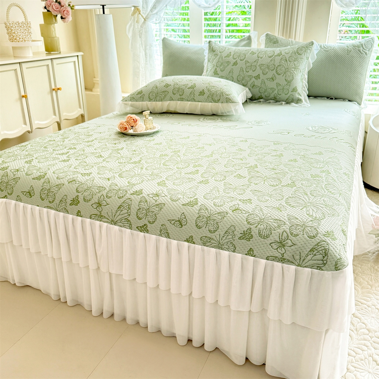 91家纺网 家纺一手货源 找家纺 （总）优贝家纺 2026新款A类凉感豆豆席三件套床裙款软席子