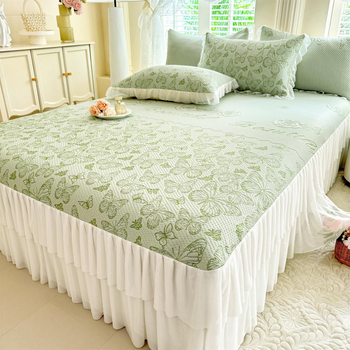 91家纺网 家纺一手货源 找家纺 （总）优贝家纺 2026新款A类凉感豆豆席三件套床裙款软席子