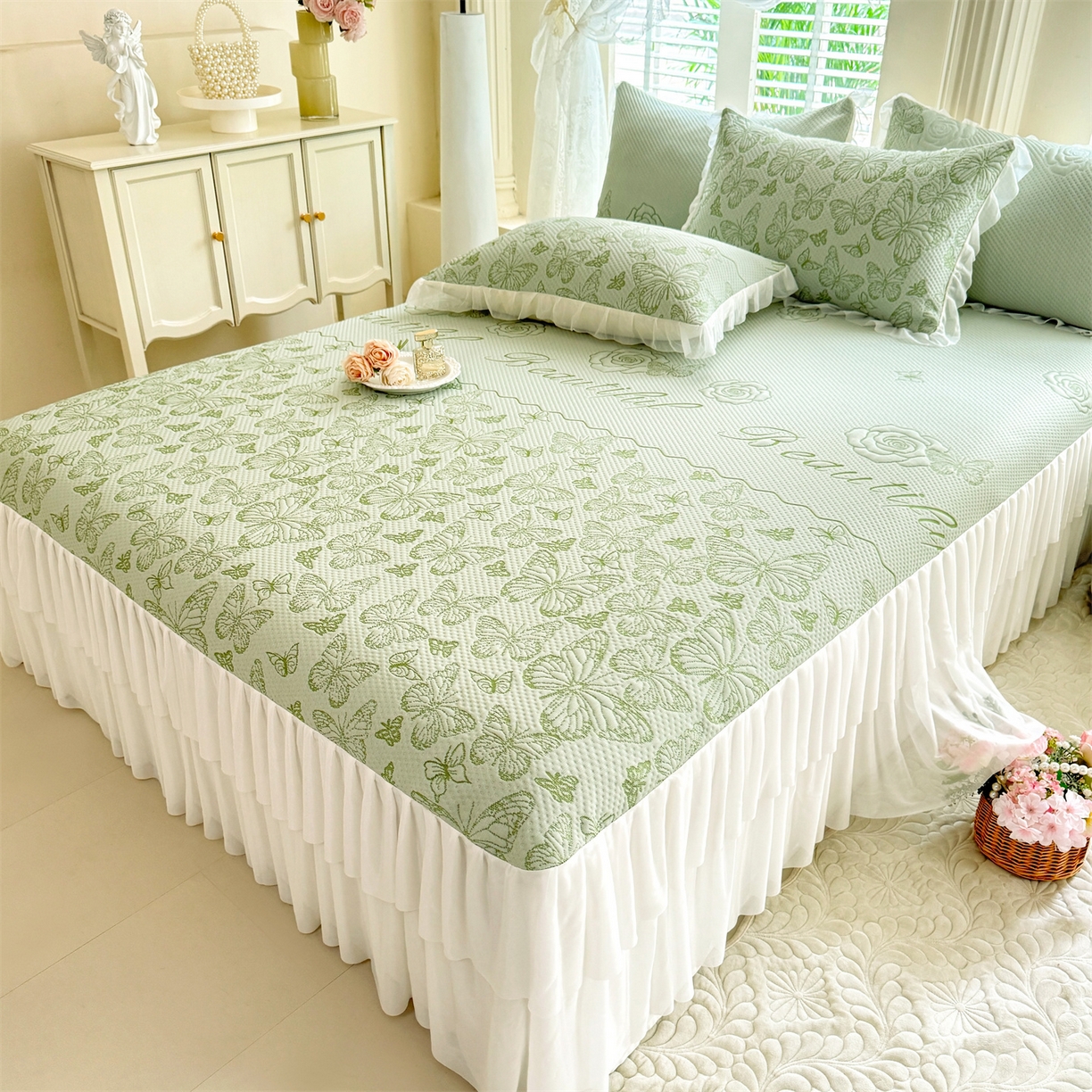 91家纺网 家纺一手货源 找家纺 （总）优贝家纺 2026新款A类凉感豆豆席三件套床裙款软席子