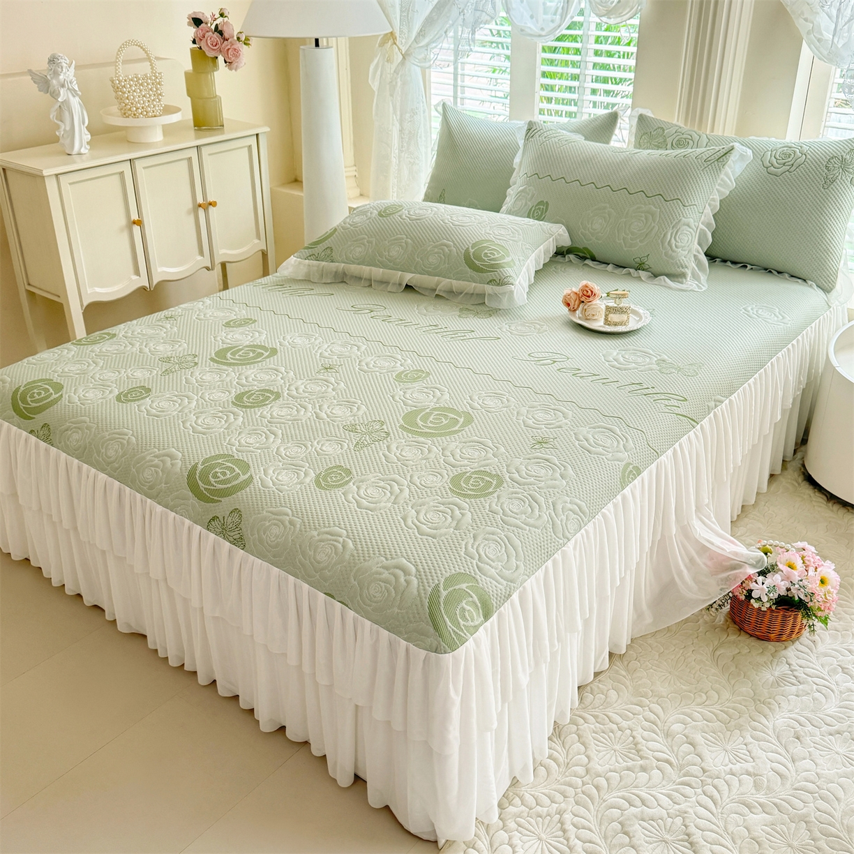 91家纺网 家纺一手货源 找家纺 （总）优贝家纺 2026新款A类凉感豆豆席三件套床裙款软席子