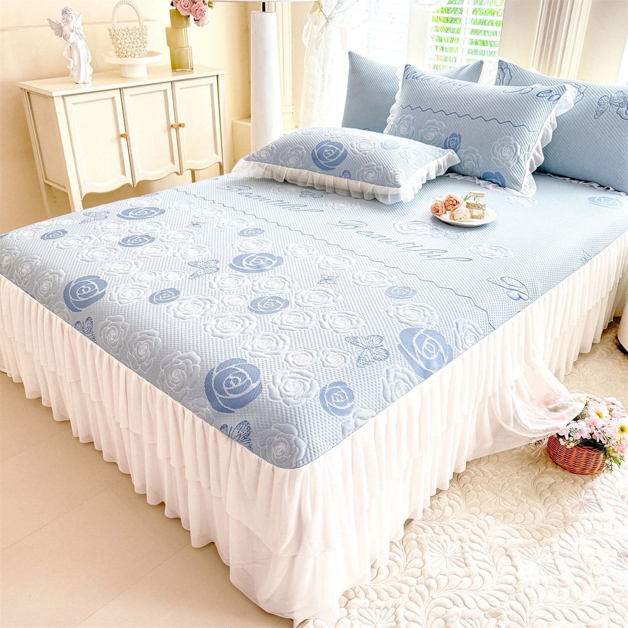 91家纺网 家纺一手货源 找家纺 （总）绒棉世家 2026新款A类凉感豆豆席三件套床裙款软席子