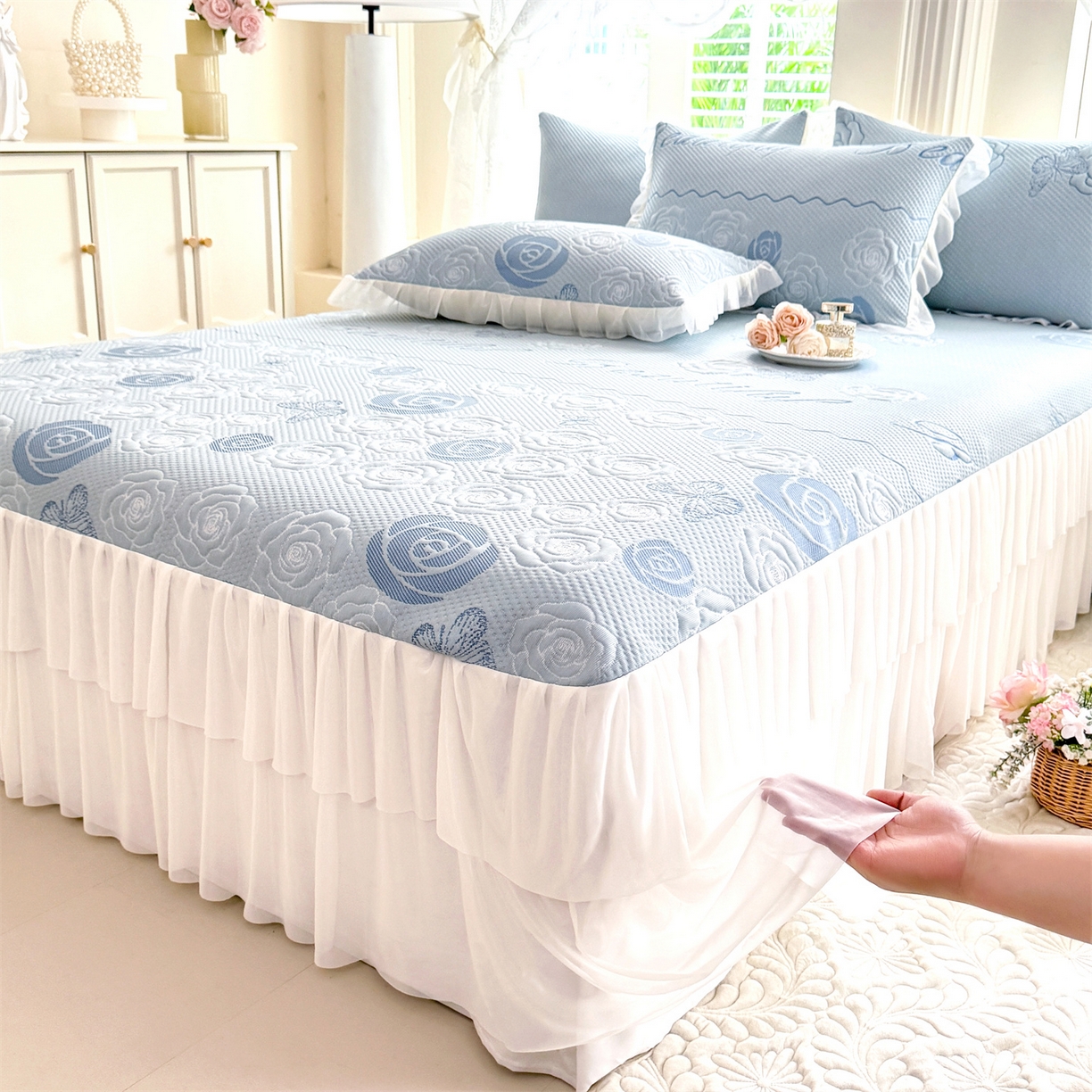 91家纺网 家纺一手货源 找家纺 （总）绒棉世家 2026新款A类凉感豆豆席三件套床裙款软席子