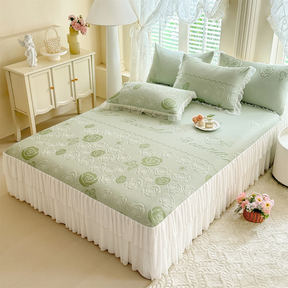 91家纺网 家纺一手货源 找家纺 优贝家纺 2026新款A类凉感豆豆席三件套床裙款软席子 花韵-清新绿