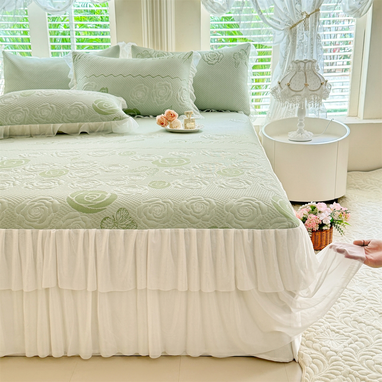 91家纺网 家纺一手货源 找家纺 优贝家纺 2026新款A类凉感豆豆席三件套床裙款软席子 花韵-清新绿