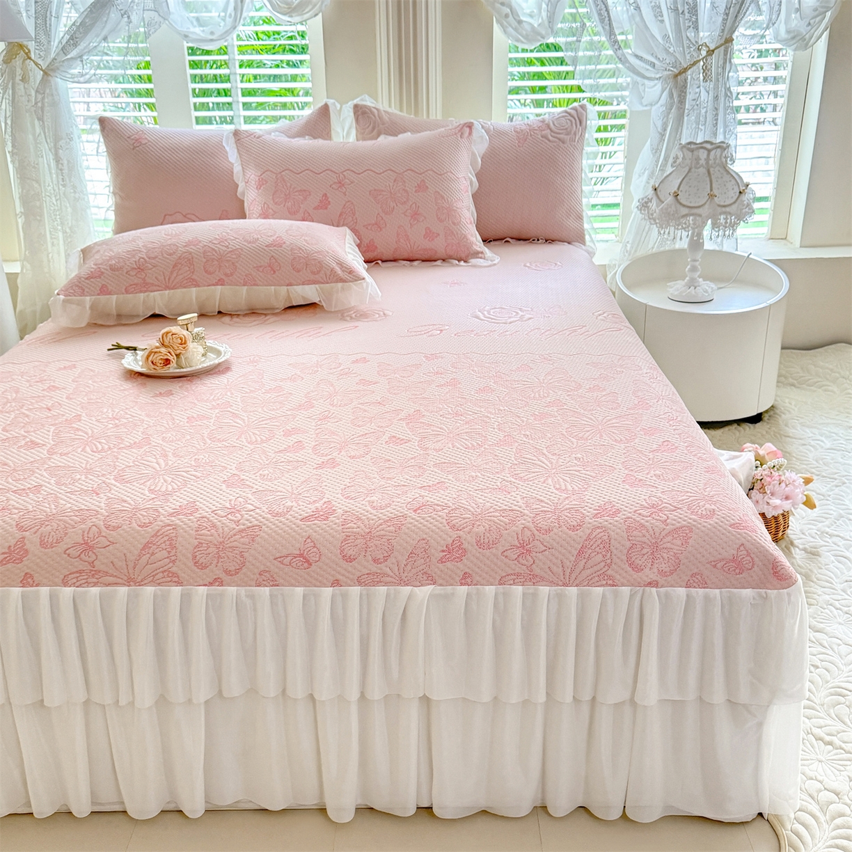 91家纺网 家纺一手货源 找家纺 优贝家纺 2026新款A类凉感豆豆席三件套床裙款软席子 蝶舞-粉玉