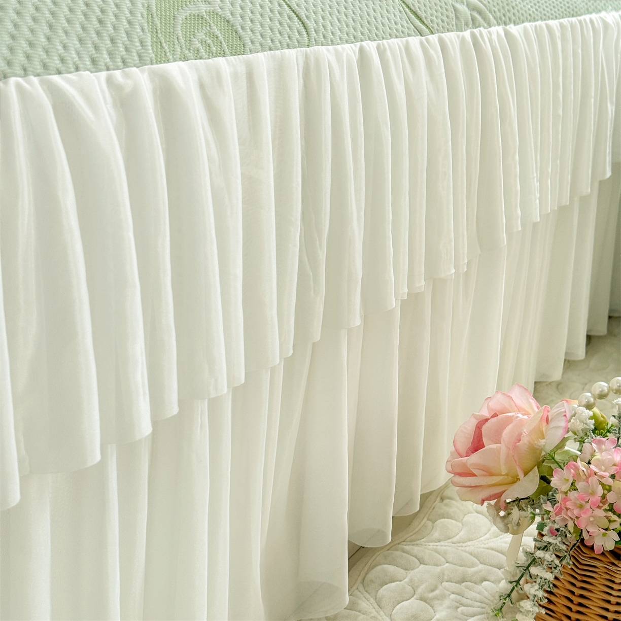 91家纺网 家纺一手货源 找家纺 优贝家纺 2026新款A类凉感豆豆席三件套床裙款软席子 花韵-清新绿