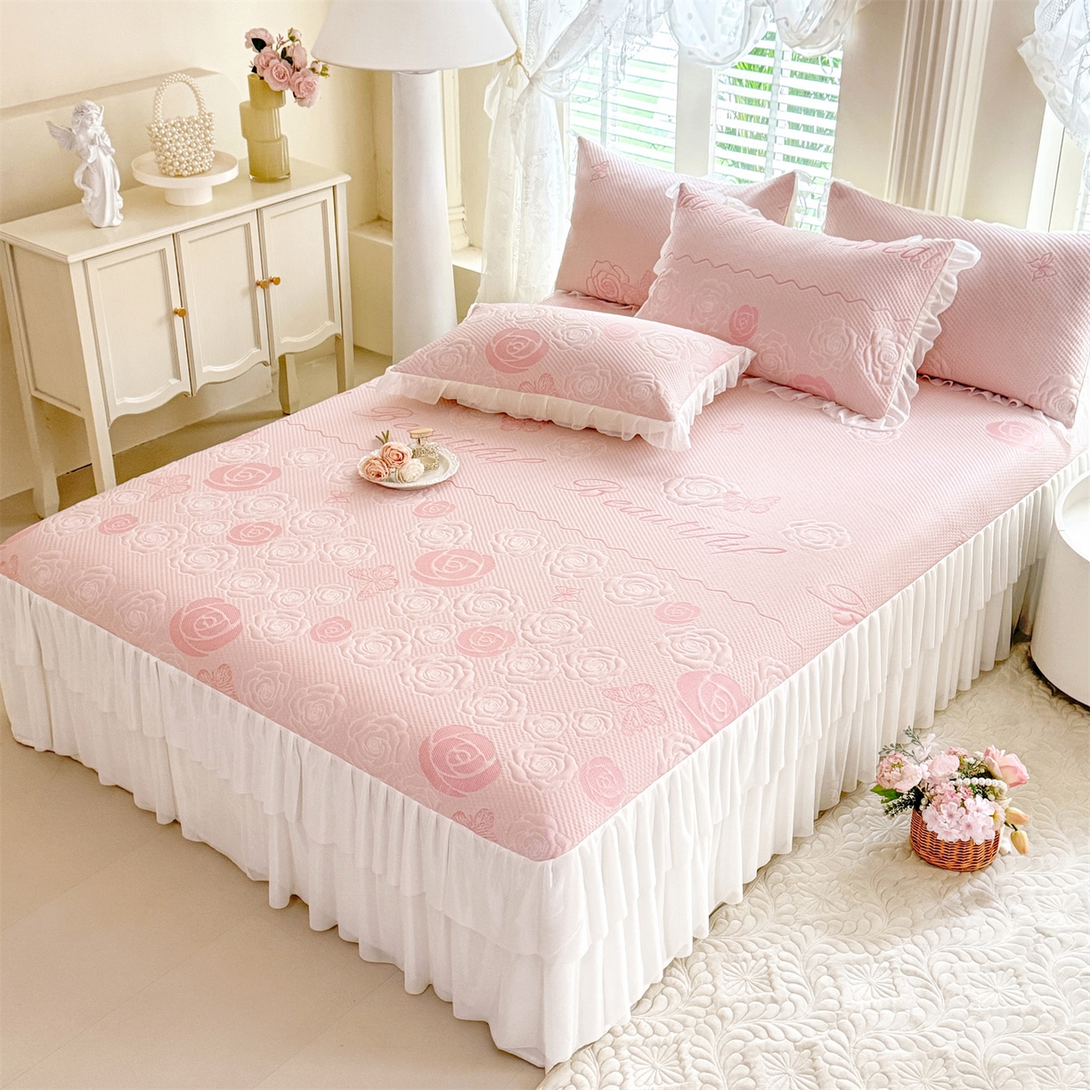 91家纺网 家纺一手货源 找家纺 优贝家纺 2026新款A类凉感豆豆席三件套床裙款软席子 花韵-粉玉