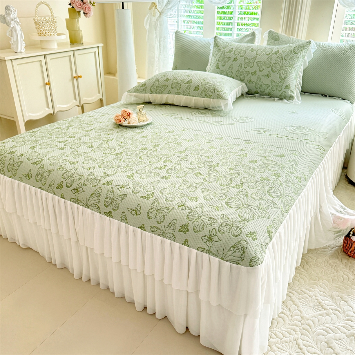 91家纺网 家纺一手货源 找家纺 （总）优贝家纺 2026新款A类凉感豆豆席三件套床裙款软席子