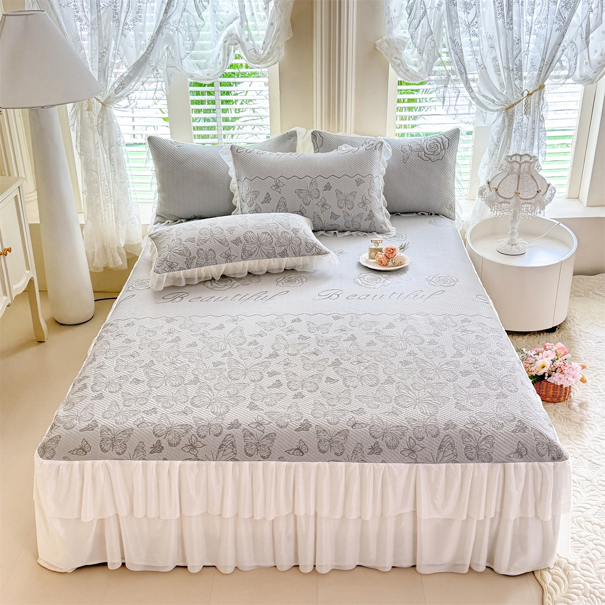 91家纺网 家纺一手货源 找家纺 优贝家纺 2026新款A类凉感豆豆席三件套床裙款软席子 蝶舞-山灰