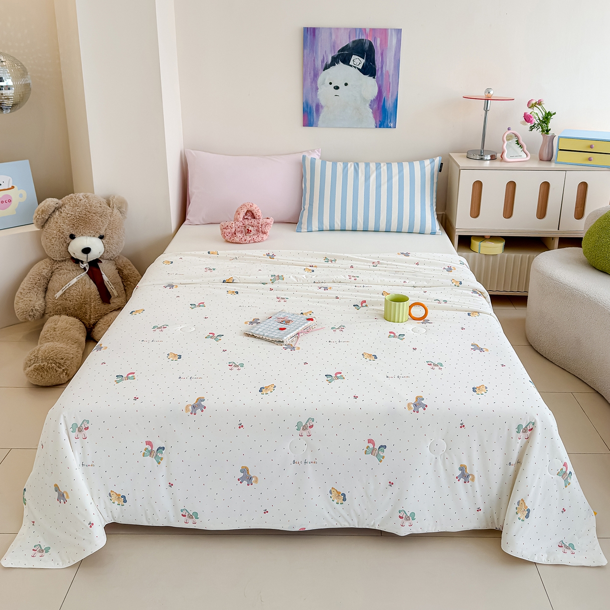 91家纺网 家纺一手货源 找家纺 芯恋家居 2026年新款小冰川凉感夏被冰皮凉感印花夏被凉感丝夏被（四周踩棉工艺） 彩虹小马