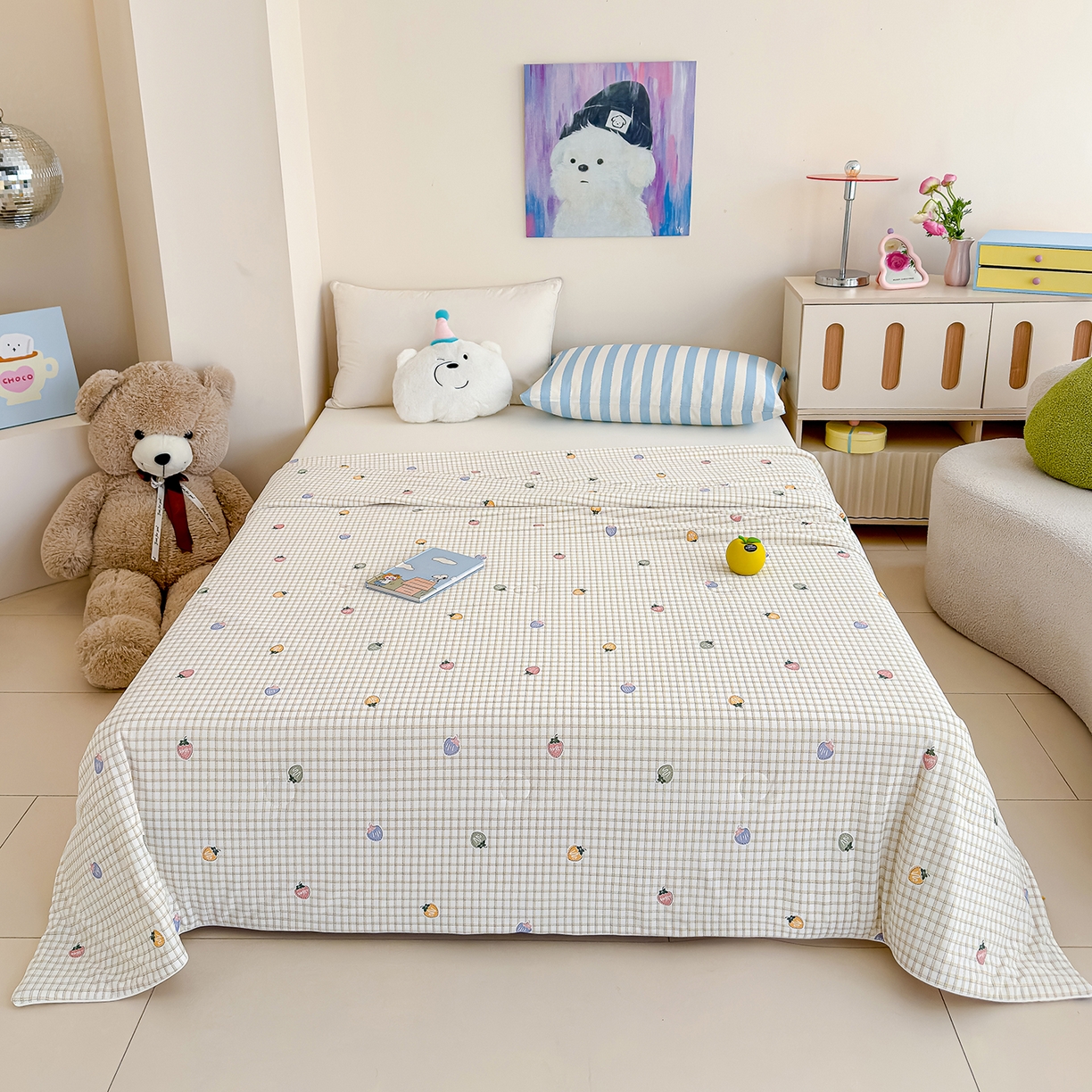 91家纺网 家纺一手货源 找家纺 芯恋家居 2026年新款小冰川凉感夏被冰皮凉感印花夏被凉感丝夏被（四周踩棉工艺） 格纹莓莓