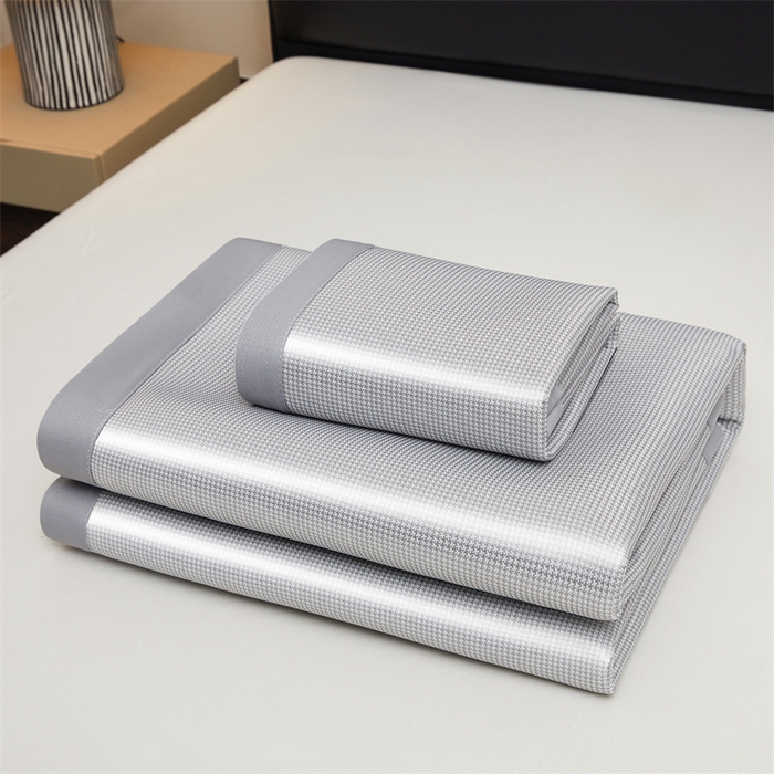 雯豆家纺 2026春夏新款碳光冰丝席子三件套加厚三明治冰丝软席平铺席凉席席子 千鸟格-绑带款-银帆灰