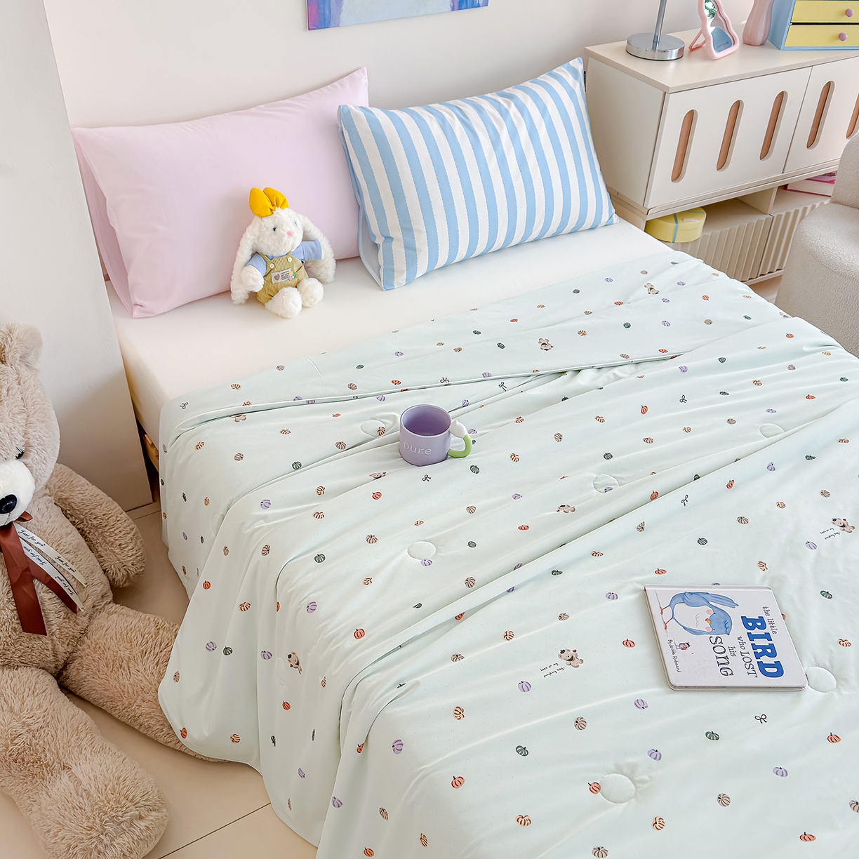 91家纺网 家纺一手货源 找家纺 芯恋家居 2026年新款小冰川凉感夏被冰皮凉感印花夏被凉感丝夏被（四周踩棉工艺） 可爱南瓜