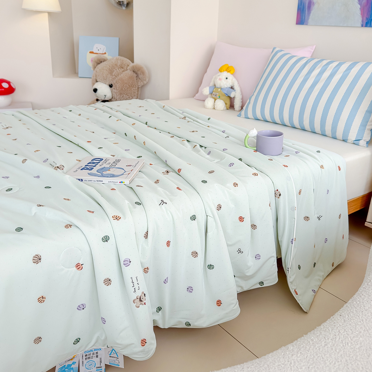 91家纺网 家纺一手货源 找家纺 芯恋家居 2026年新款小冰川凉感夏被冰皮凉感印花夏被凉感丝夏被（四周踩棉工艺） 可爱南瓜