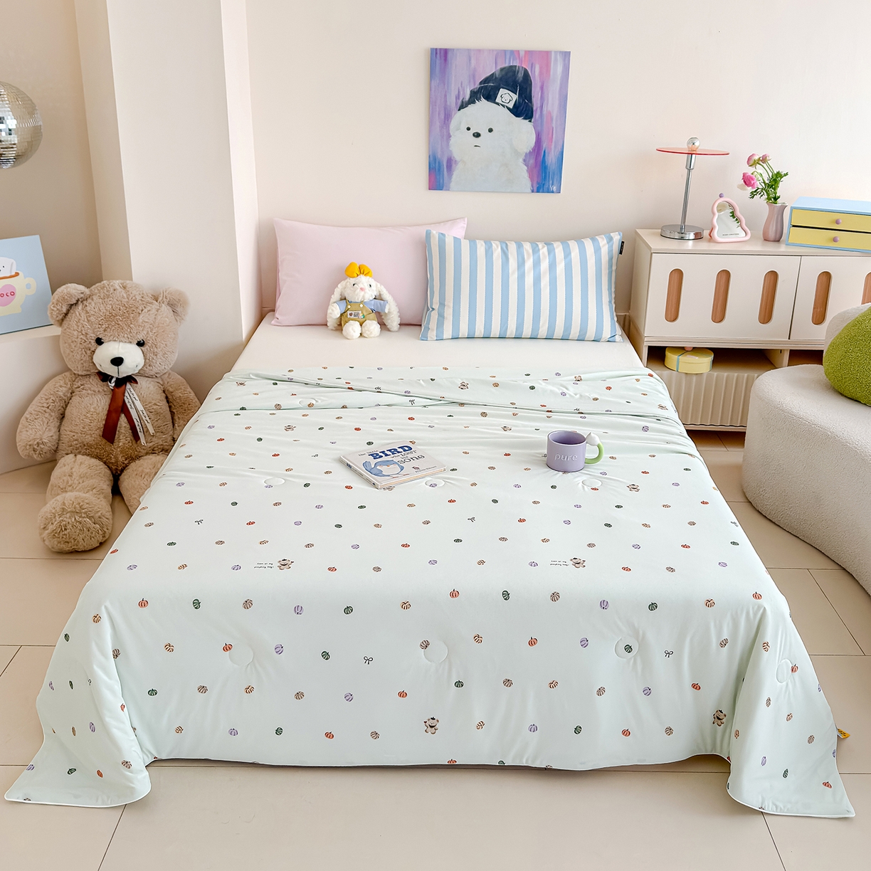 91家纺网 家纺一手货源 找家纺 芯恋家居 2026年新款小冰川凉感夏被冰皮凉感印花夏被凉感丝夏被（四周踩棉工艺） 可爱南瓜