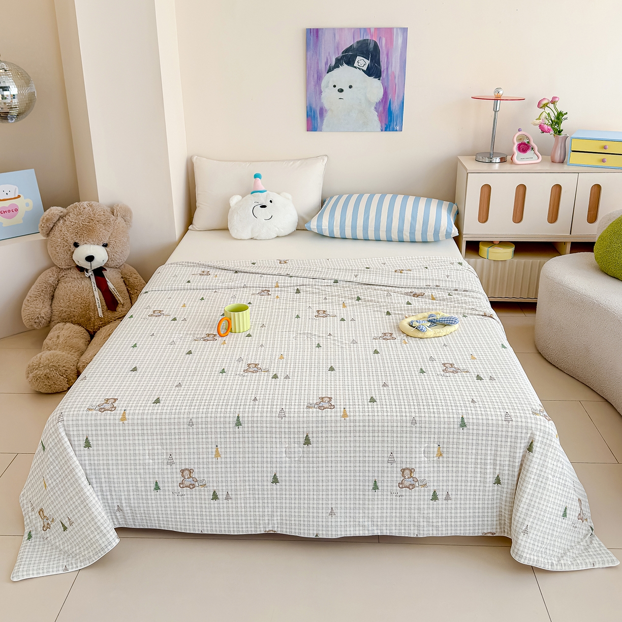 91家纺网 家纺一手货源 找家纺 芯恋家居 2026年新款小冰川凉感夏被冰皮凉感印花夏被凉感丝夏被（四周踩棉工艺） 森林小熊