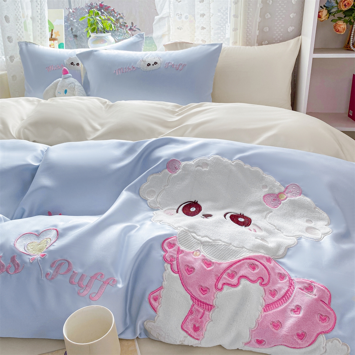 绒棉世家 2026新款水洗真丝天丝专版贴布绣四件套 泡芙奶狗