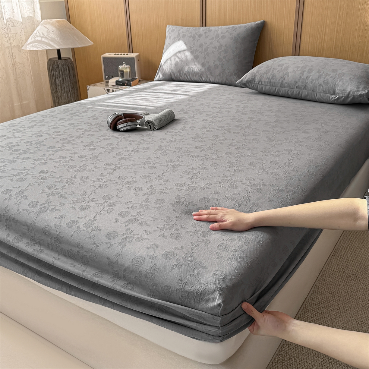 91家纺网 家纺一手货源 找家纺 （总）灰鲸 2026新款全棉纯棉三层纱色织提花床笠单品床笠床笠单件