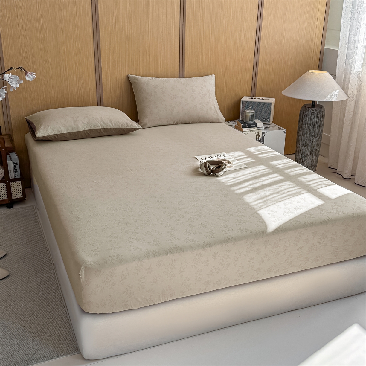 91家纺网 家纺一手货源 找家纺 灰鲸 2026新款全棉纯棉三层纱色织提花床笠单品床笠床笠单件 花影-可可奶咖