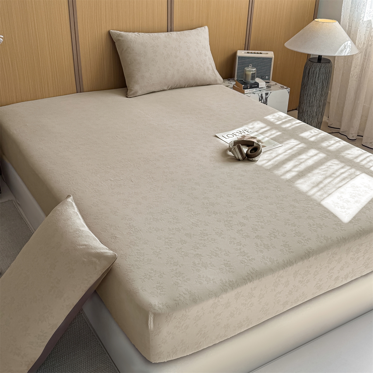 91家纺网 家纺一手货源 找家纺 灰鲸 2026新款全棉纯棉三层纱色织提花床笠单品床笠床笠单件 花影-可可奶咖