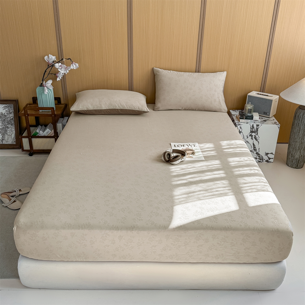 91家纺网 家纺一手货源 找家纺 灰鲸 2026新款全棉纯棉三层纱色织提花床笠单品床笠床笠单件 花影-可可奶咖