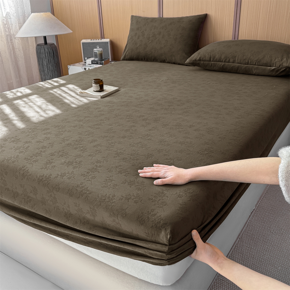 灰鲸 2026新款全棉纯棉三层纱色织提花床笠单品床笠床笠单件 花影-摩卡