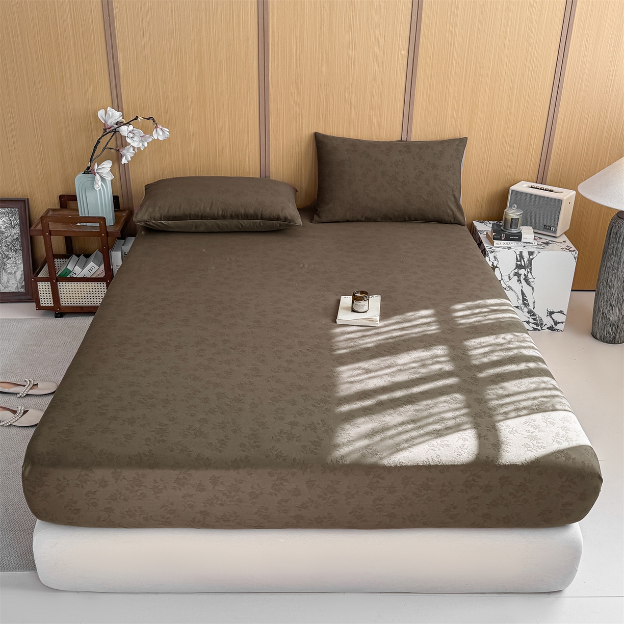 91家纺网 家纺一手货源 找家纺 灰鲸 2026新款全棉纯棉三层纱色织提花床笠单品床笠床笠单件 花影-摩卡