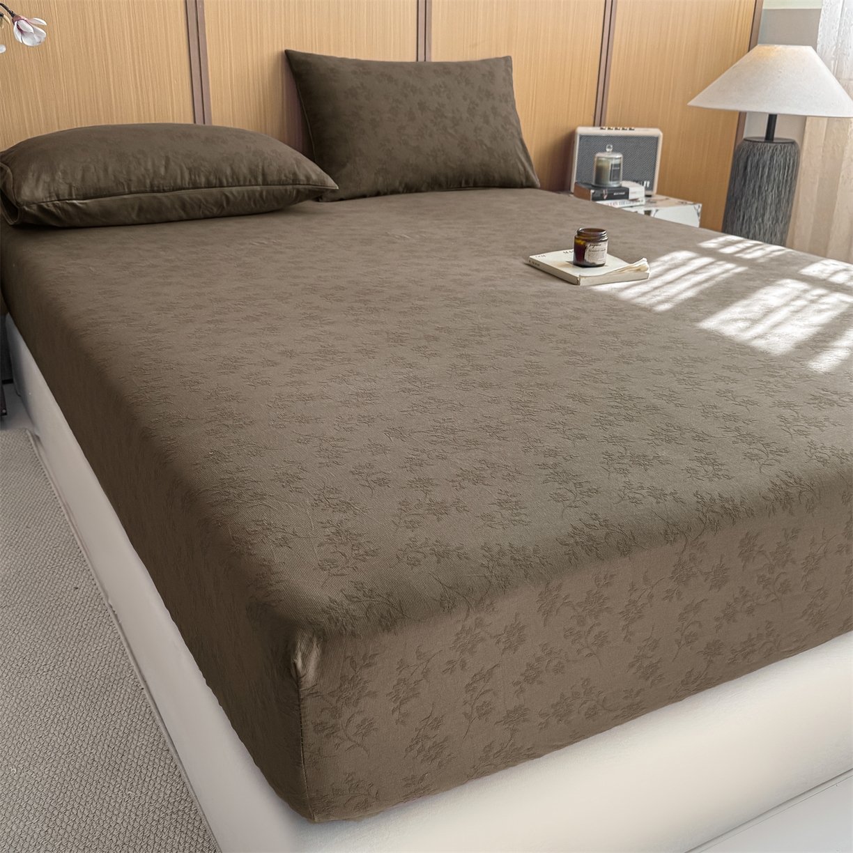 91家纺网 家纺一手货源 找家纺 灰鲸 2026新款全棉纯棉三层纱色织提花床笠单品床笠床笠单件 花影-摩卡