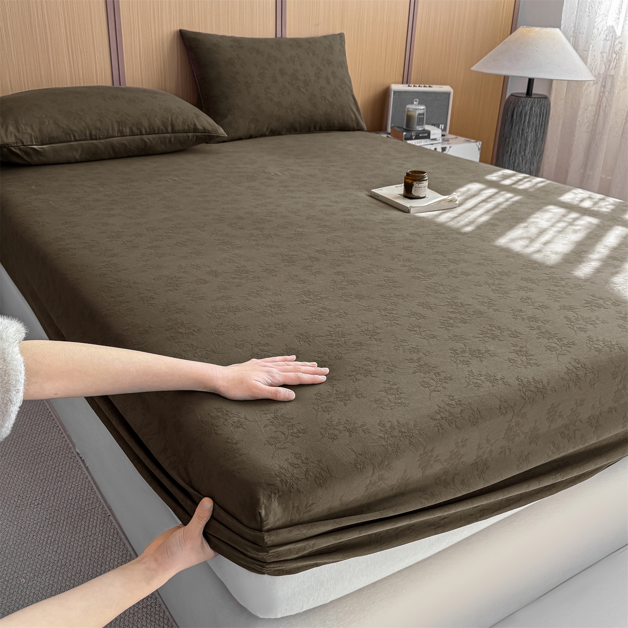 91家纺网 家纺一手货源 找家纺 灰鲸 2026新款全棉纯棉三层纱色织提花床笠单品床笠床笠单件 花影-摩卡