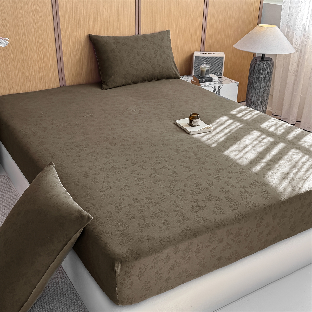 91家纺网 家纺一手货源 找家纺 灰鲸 2026新款全棉纯棉三层纱色织提花床笠单品床笠床笠单件 花影-摩卡