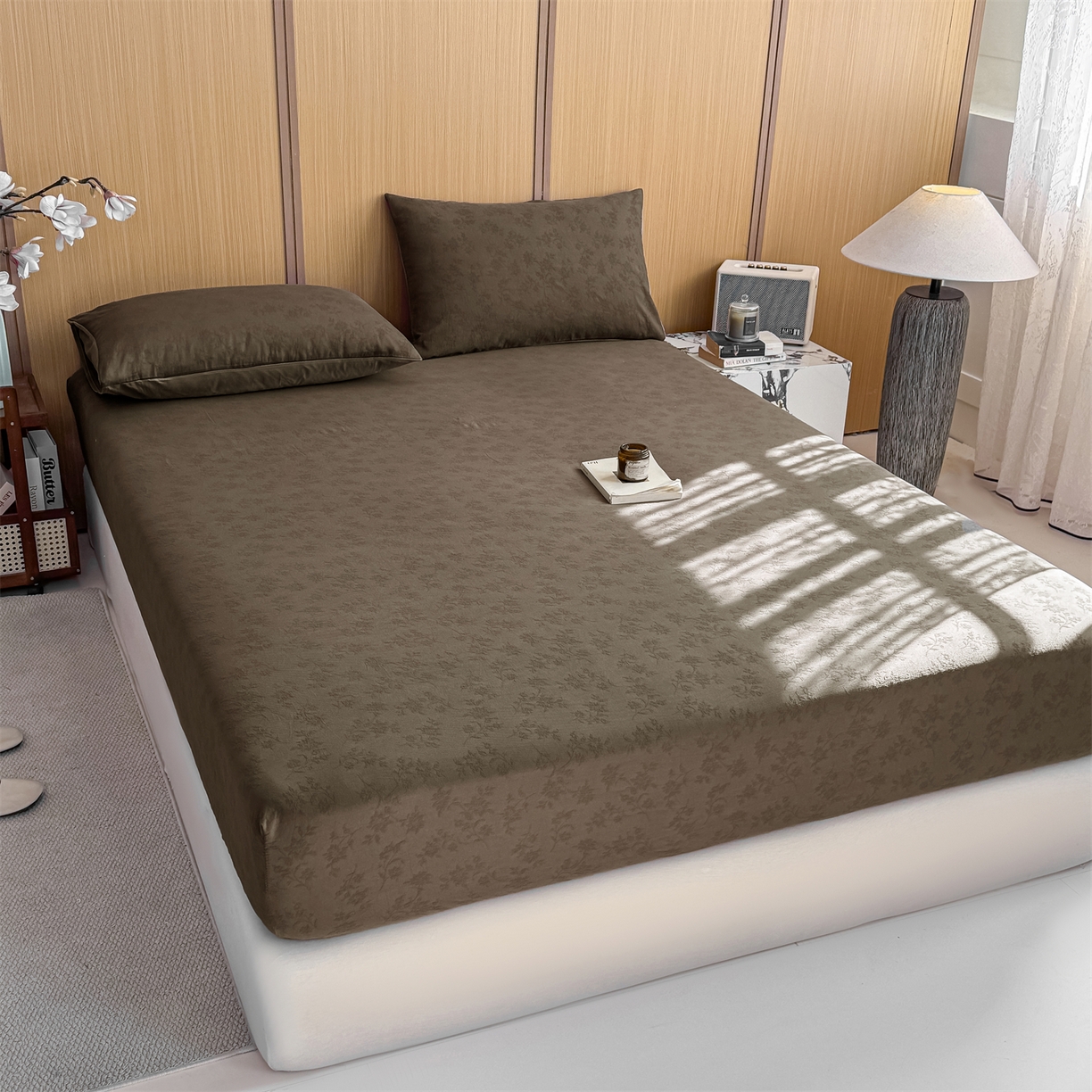 91家纺网 家纺一手货源 找家纺 灰鲸 2026新款全棉纯棉三层纱色织提花床笠单品床笠床笠单件 花影-摩卡