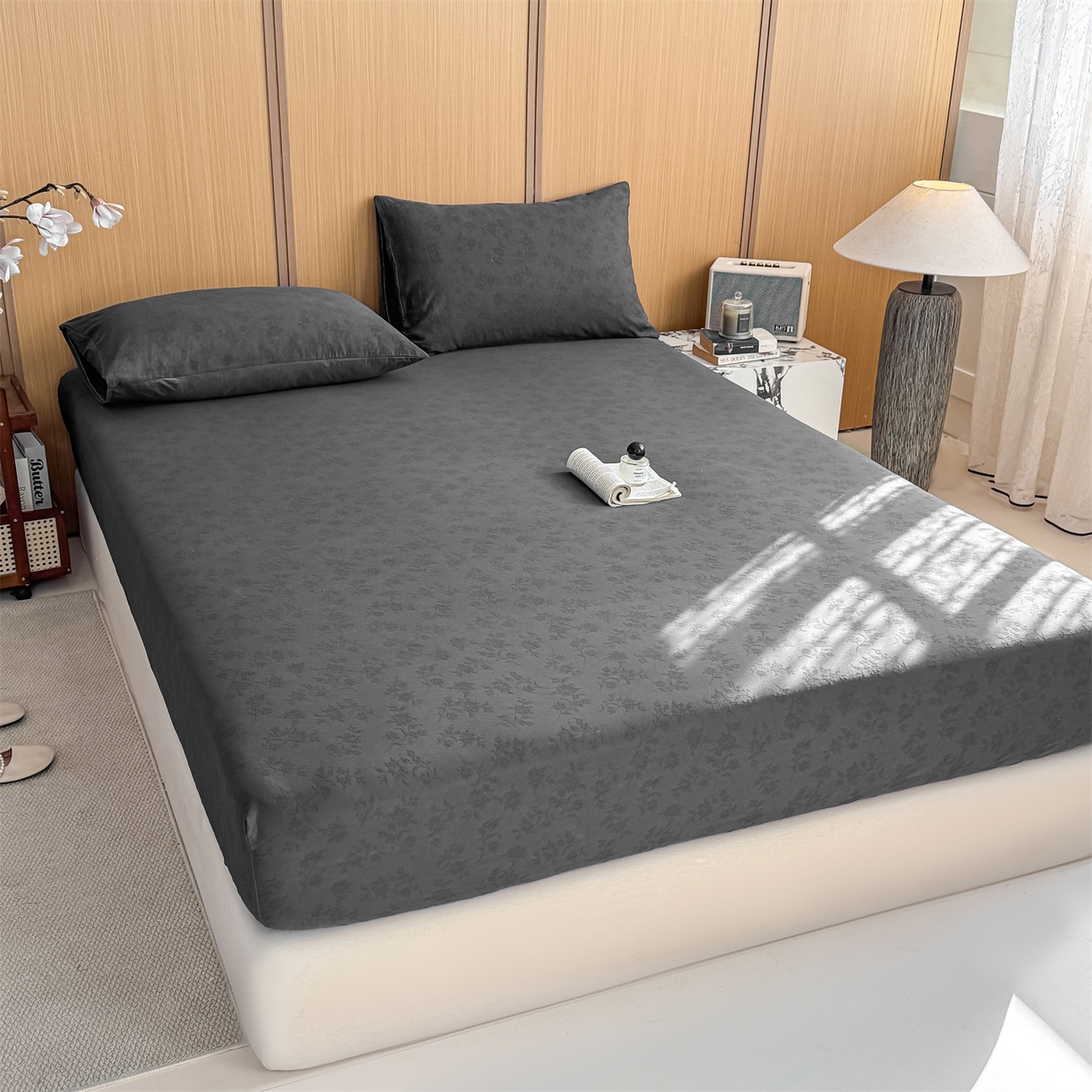 91家纺网 家纺一手货源 找家纺 灰鲸 2026新款全棉纯棉三层纱色织提花床笠单品床笠床笠单件 花影-素墨