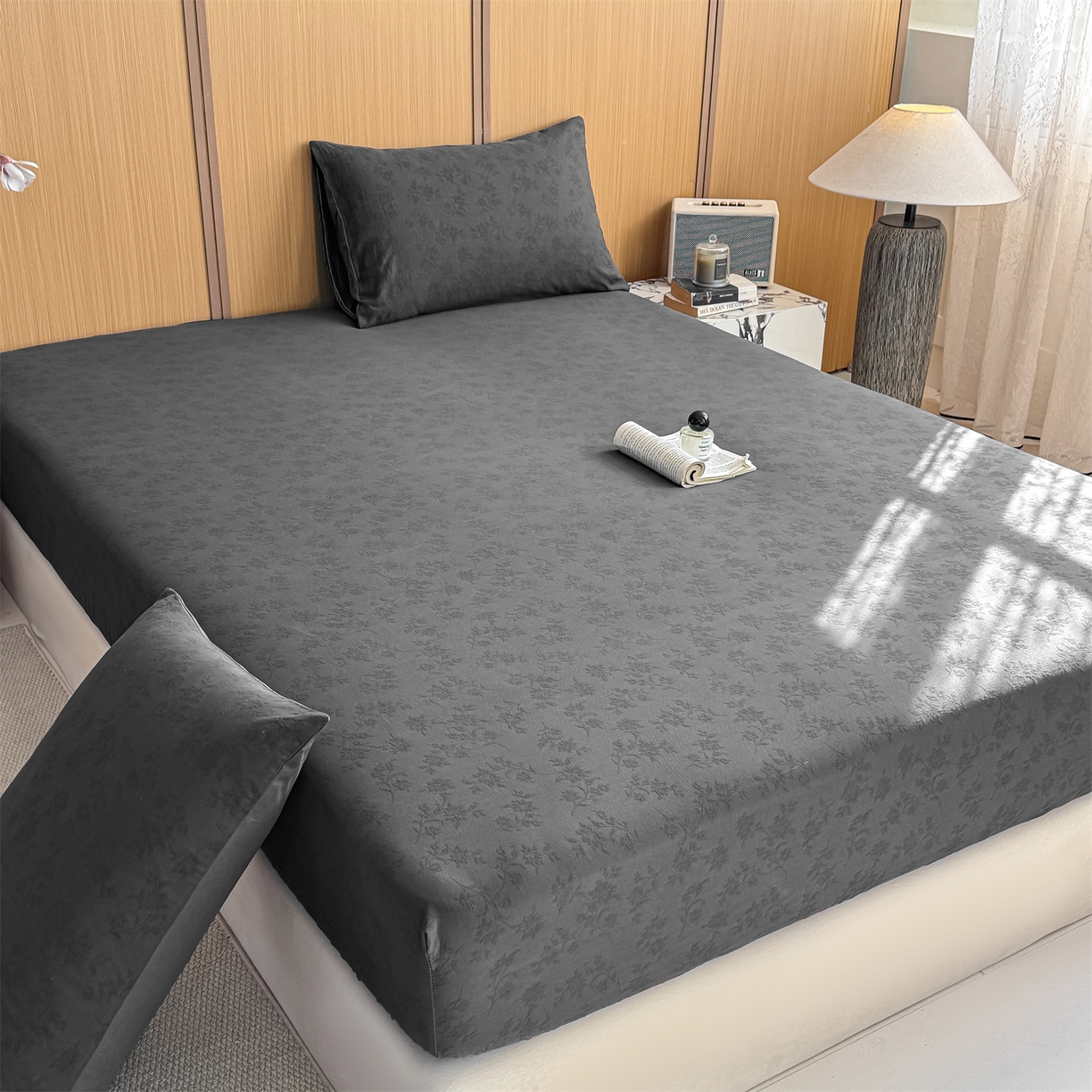 91家纺网 家纺一手货源 找家纺 灰鲸 2026新款全棉纯棉三层纱色织提花床笠单品床笠床笠单件 花影-素墨