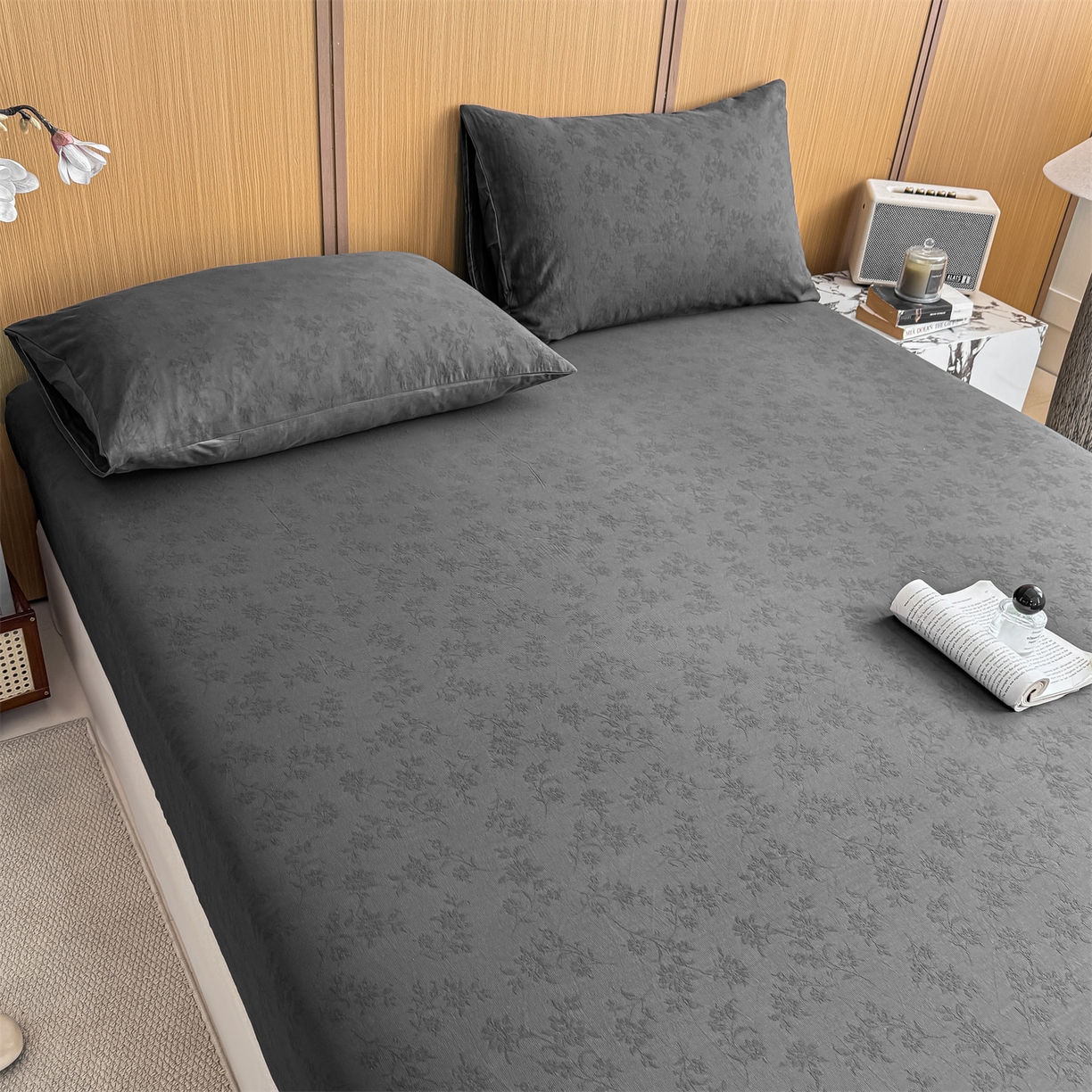 91家纺网 家纺一手货源 找家纺 灰鲸 2026新款全棉纯棉三层纱色织提花床笠单品床笠床笠单件 花影-素墨