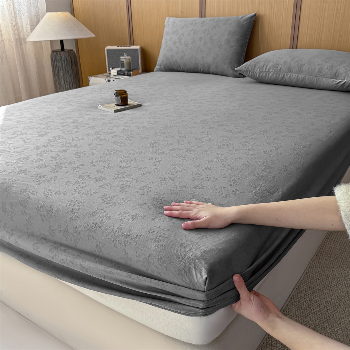 灰鲸 2026新款全棉纯棉三层纱色织提花床笠单品床笠床笠单件 花影-雾灰