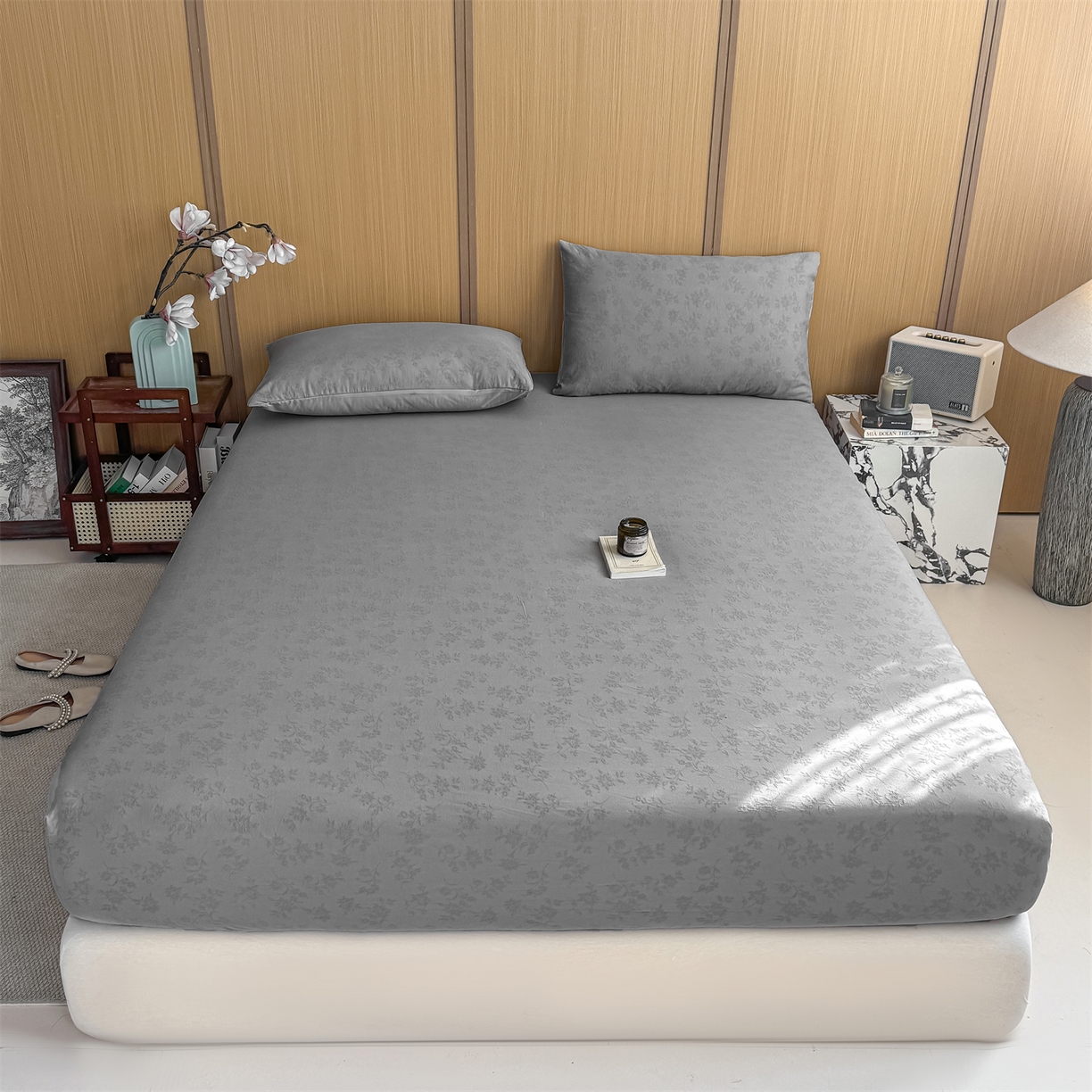 91家纺网 家纺一手货源 找家纺 灰鲸 2026新款全棉纯棉三层纱色织提花床笠单品床笠床笠单件 花影-雾灰