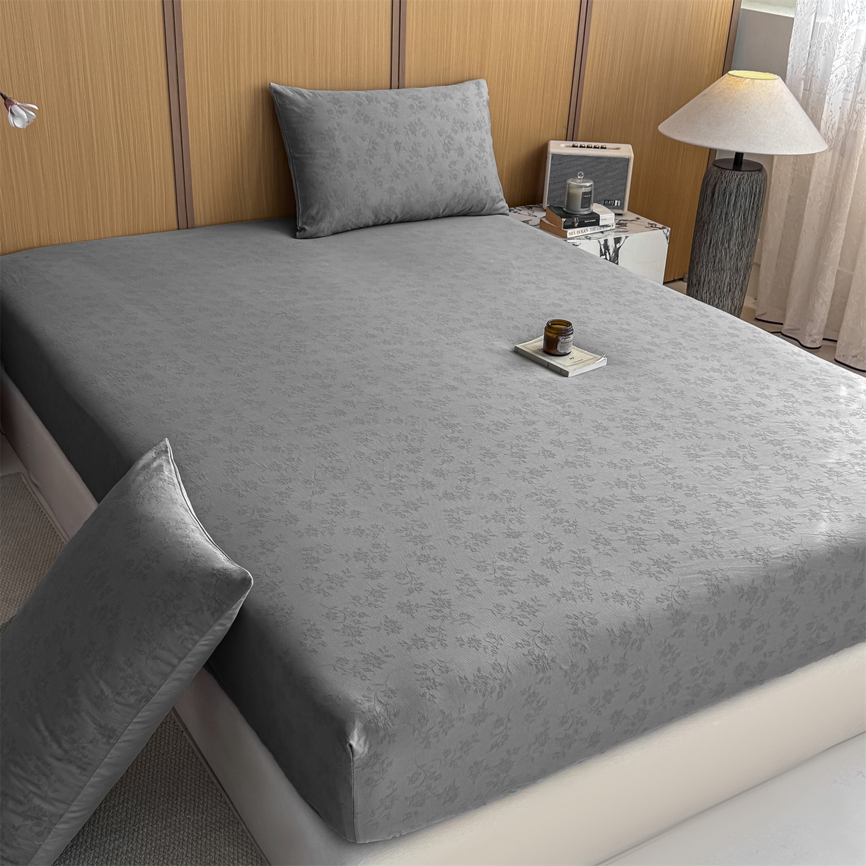 91家纺网 家纺一手货源 找家纺 灰鲸 2026新款全棉纯棉三层纱色织提花床笠单品床笠床笠单件 花影-雾灰