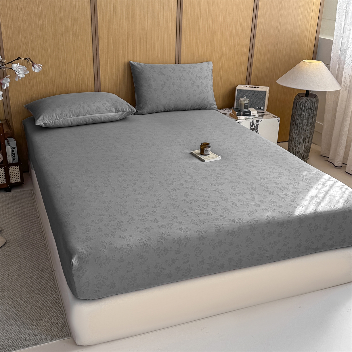 91家纺网 家纺一手货源 找家纺 灰鲸 2026新款全棉纯棉三层纱色织提花床笠单品床笠床笠单件 花影-雾灰