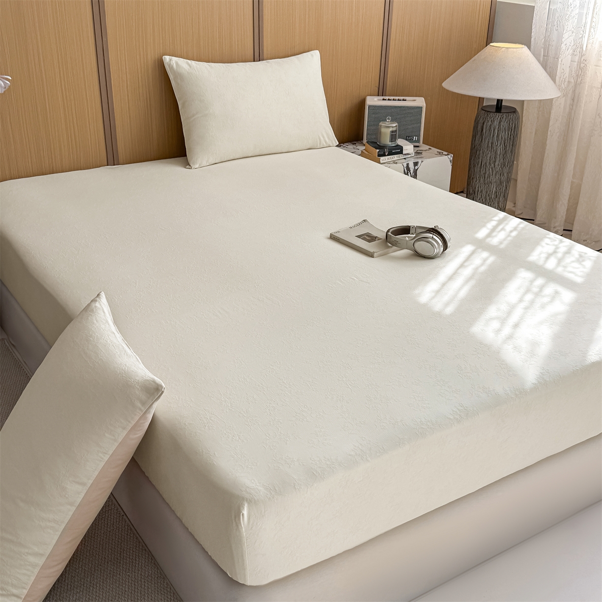 91家纺网 家纺一手货源 找家纺 灰鲸 2026新款全棉纯棉三层纱色织提花床笠单品床笠床笠单件 花影-杏仁奶霜