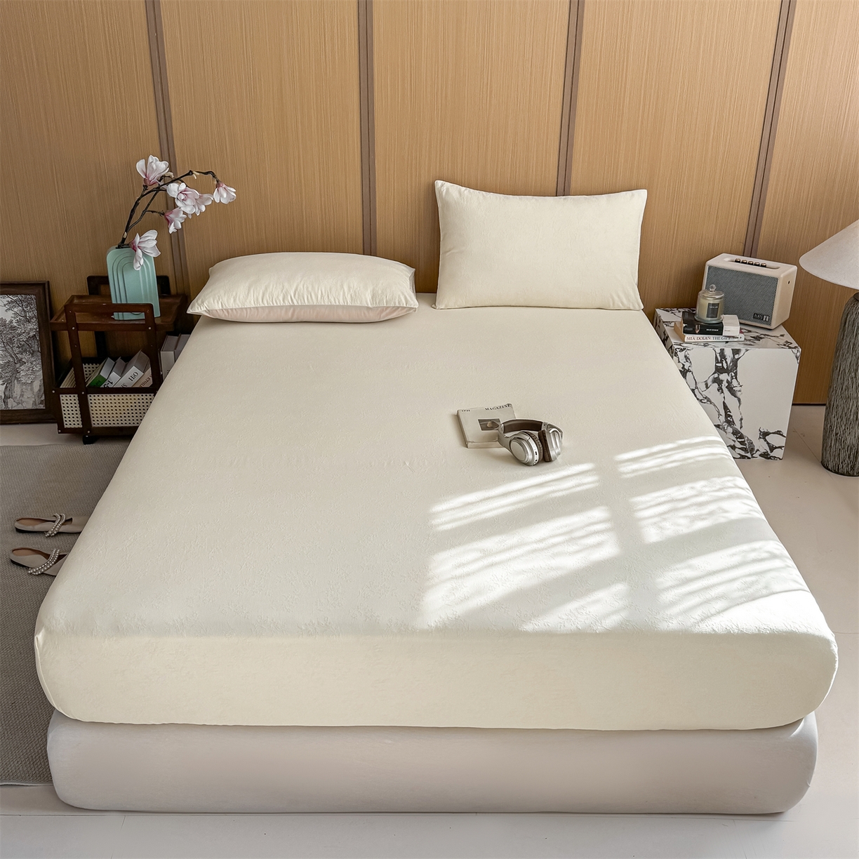 91家纺网 家纺一手货源 找家纺 灰鲸 2026新款全棉纯棉三层纱色织提花床笠单品床笠床笠单件 花影-杏仁奶霜