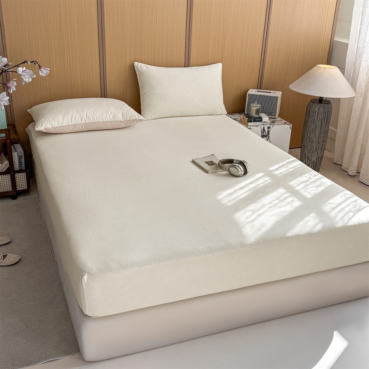 91家纺网 家纺一手货源 找家纺 灰鲸 2026新款全棉纯棉三层纱色织提花床笠单品床笠床笠单件 花影-杏仁奶霜