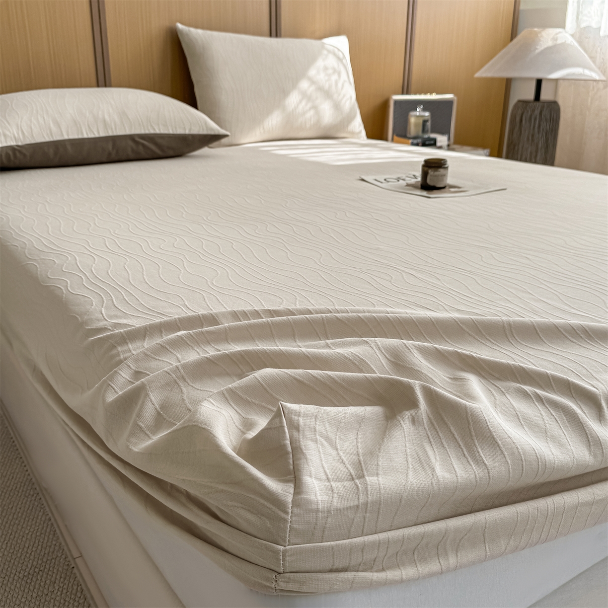 91家纺网 家纺一手货源 找家纺 灰鲸 2026新款全棉纯棉三层纱色织提花床笠单品床笠床笠单件 浅忆-可可奶咖