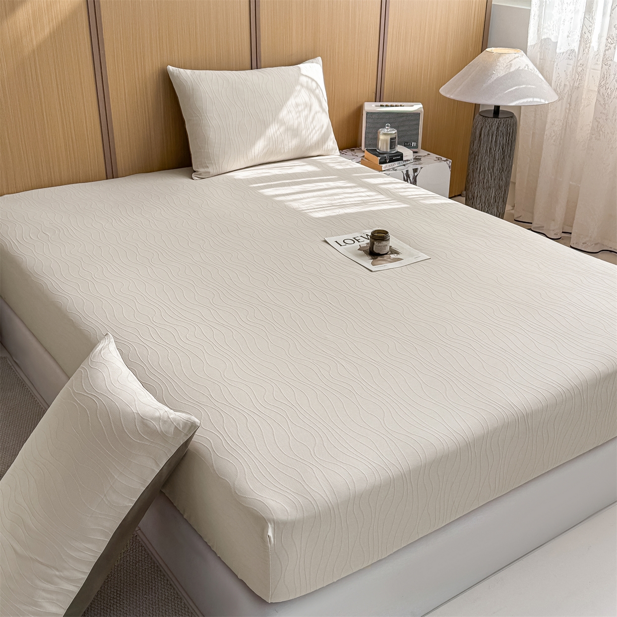 91家纺网 家纺一手货源 找家纺 灰鲸 2026新款全棉纯棉三层纱色织提花床笠单品床笠床笠单件 浅忆-可可奶咖