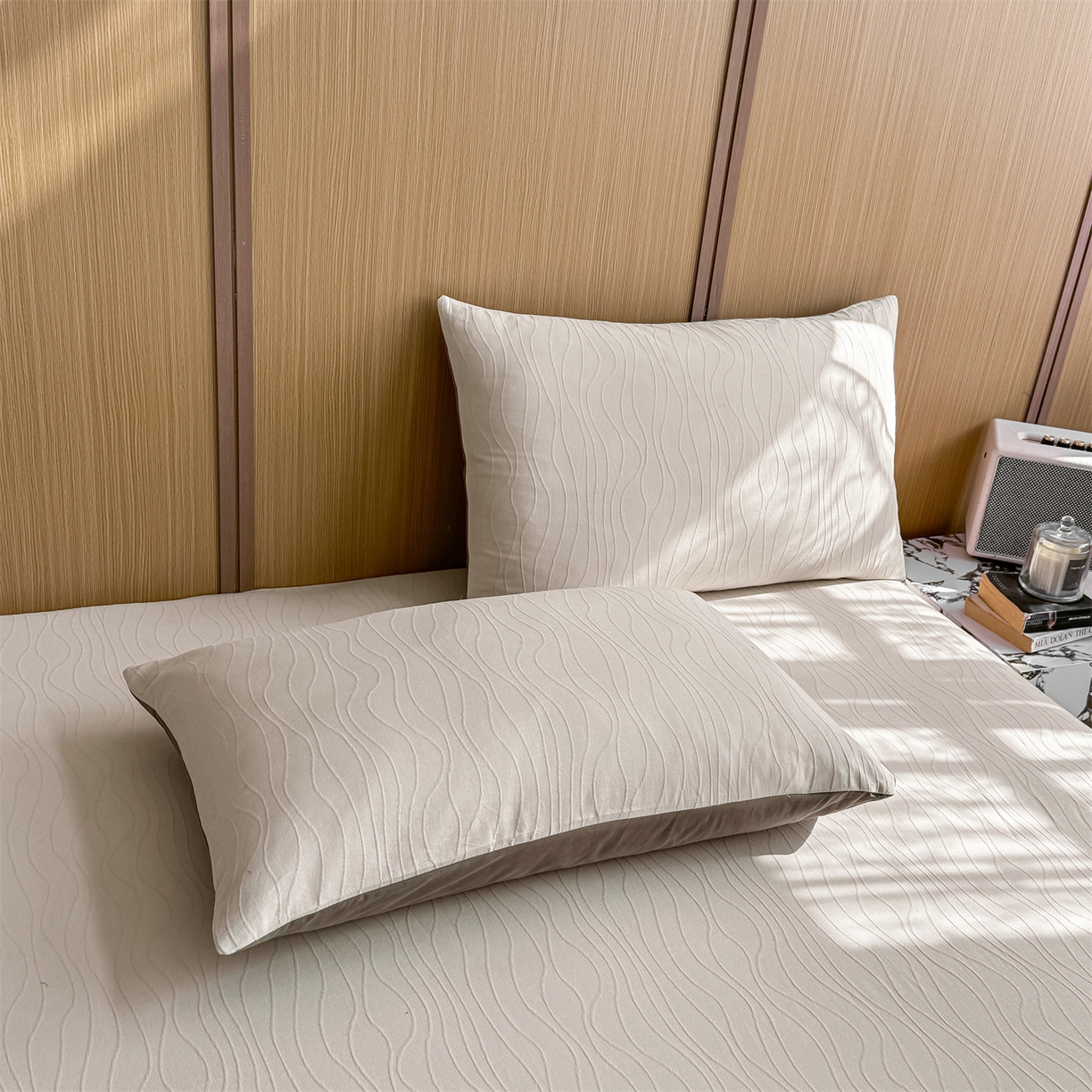 91家纺网 家纺一手货源 找家纺 灰鲸 2026新款全棉纯棉三层纱色织提花床笠单品床笠床笠单件 浅忆-可可奶咖