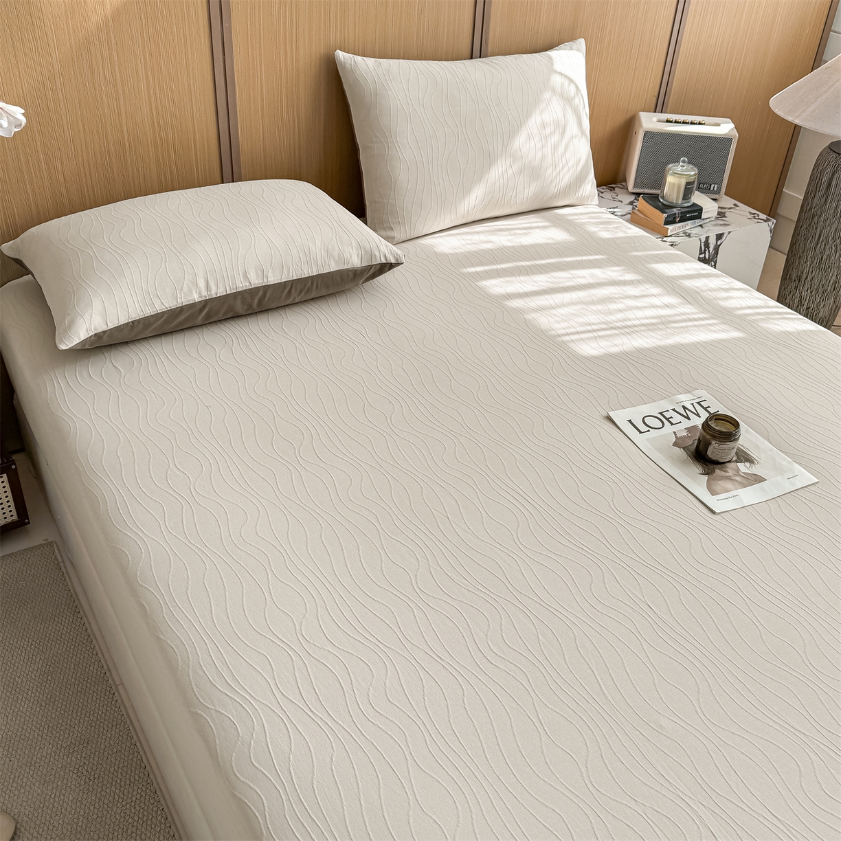 91家纺网 家纺一手货源 找家纺 灰鲸 2026新款全棉纯棉三层纱色织提花床笠单品床笠床笠单件 浅忆-可可奶咖