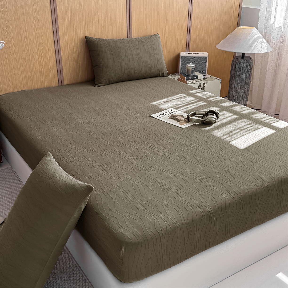 91家纺网 家纺一手货源 找家纺 灰鲸 2026新款全棉纯棉三层纱色织提花床笠单品床笠床笠单件 浅忆-摩卡