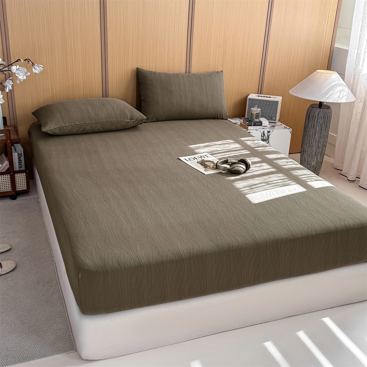 91家纺网 家纺一手货源 找家纺 灰鲸 2026新款全棉纯棉三层纱色织提花床笠单品床笠床笠单件 浅忆-摩卡