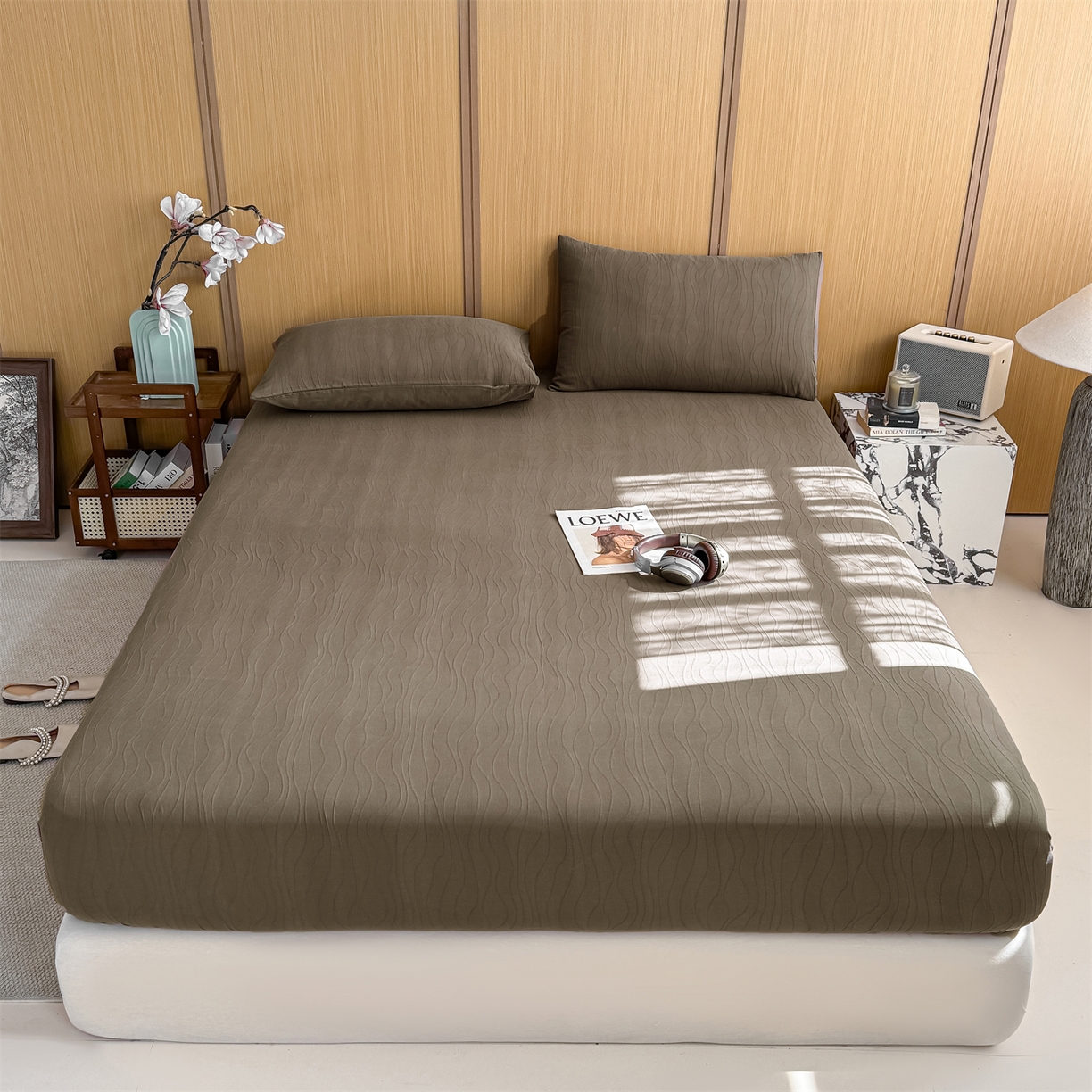 91家纺网 家纺一手货源 找家纺 灰鲸 2026新款全棉纯棉三层纱色织提花床笠单品床笠床笠单件 浅忆-摩卡